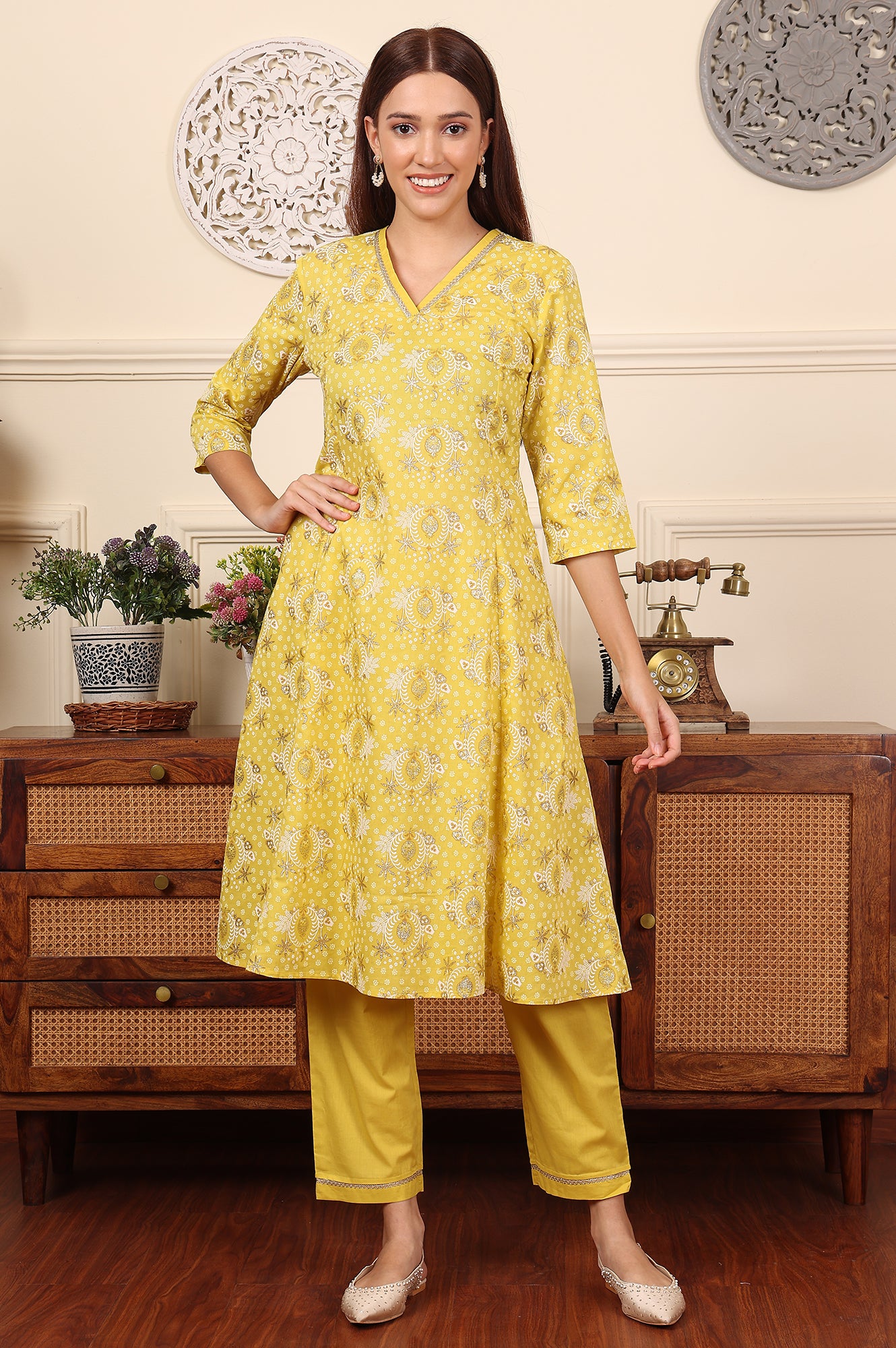 Custard Yellow Floral Printed Embroidered A-Line Pure Cotton Kurta And Pants Co-Ord Set - wforwoman