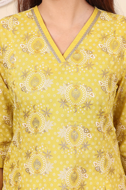 Custard Yellow Floral Printed Embroidered A-Line Pure Cotton Kurta And Pants Co-Ord Set - wforwoman