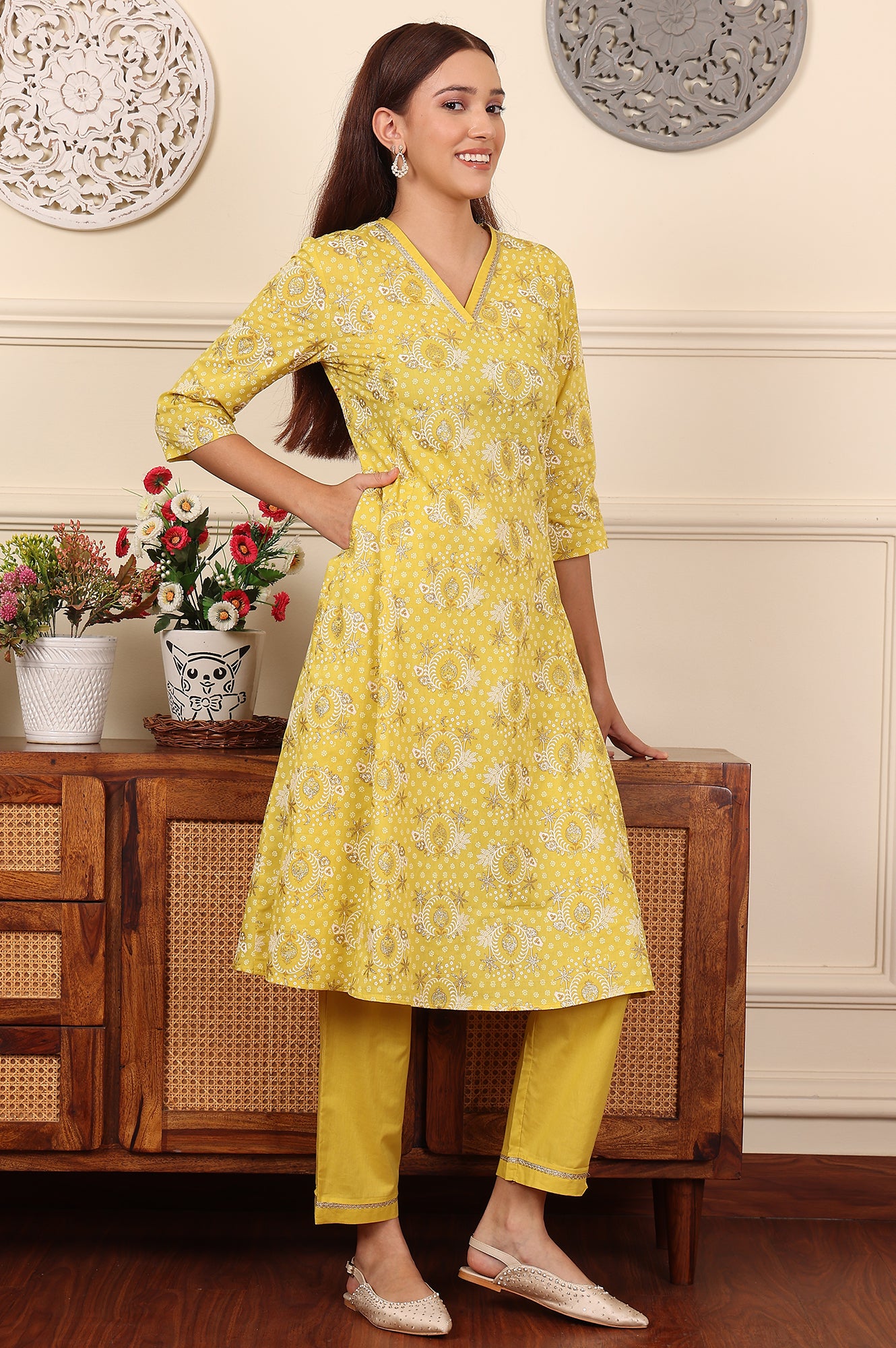 Custard Yellow Floral Printed Embroidered A-Line Pure Cotton Kurta And Pants Co-Ord Set - wforwoman