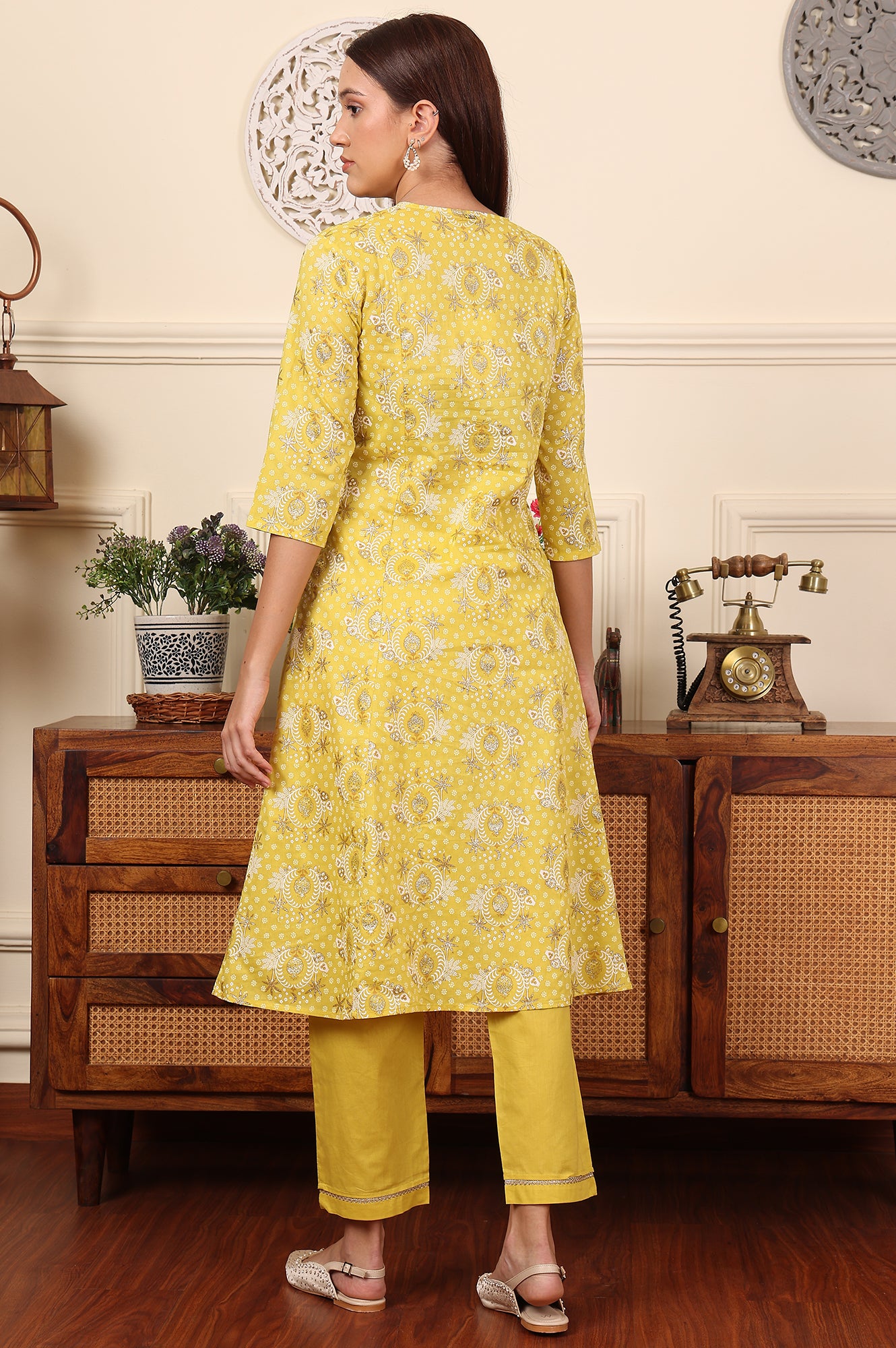 Custard Yellow Floral Printed Embroidered A-Line Pure Cotton Kurta And Pants Co-Ord Set - wforwoman