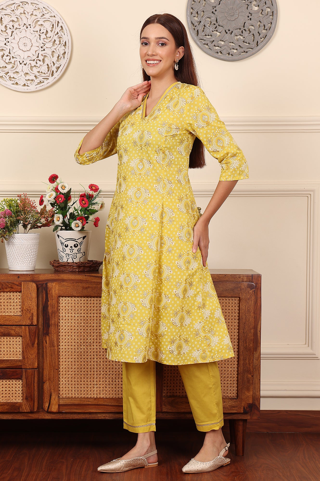 Custard Yellow Floral Printed Embroidered A-Line Pure Cotton Kurta And Pants Co-Ord Set - wforwoman