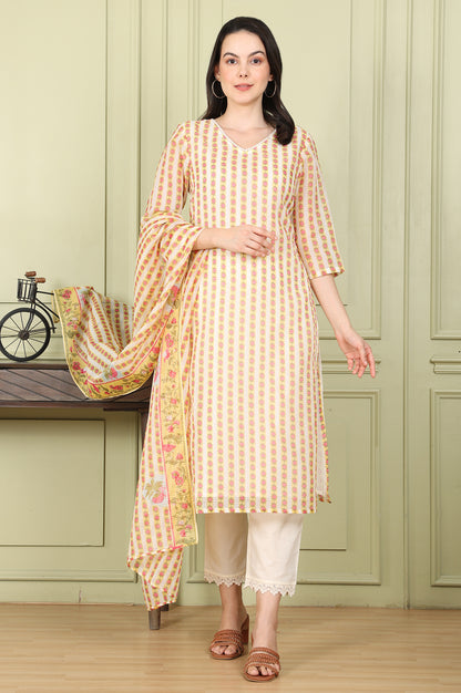 White Floral Printed Straight Kota Kurta, Pants And Dupatta Set