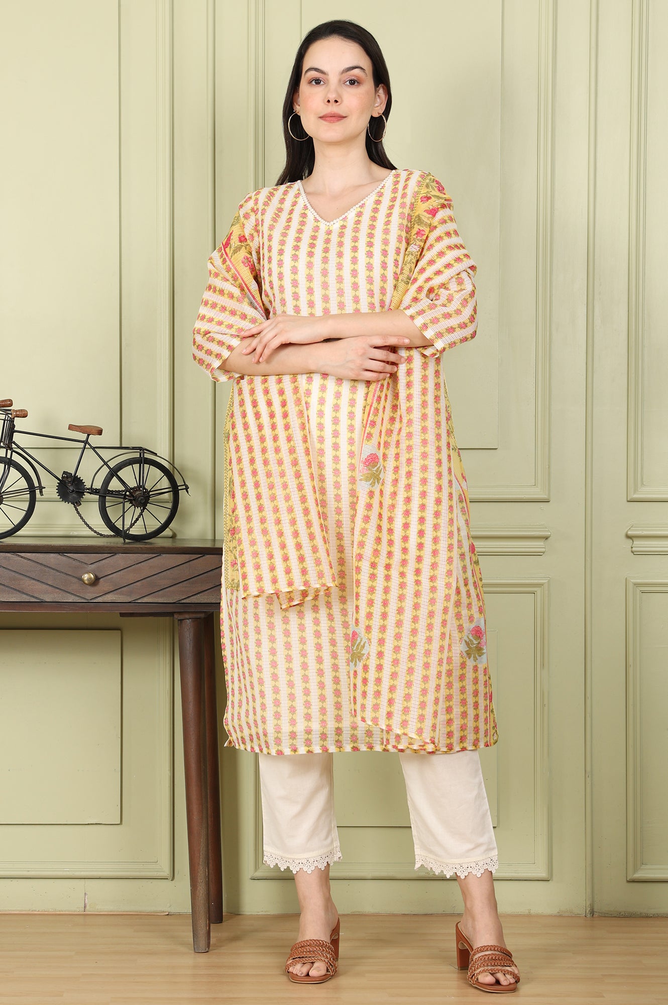 White Floral Printed Straight Kota Kurta, Pants And Dupatta Set