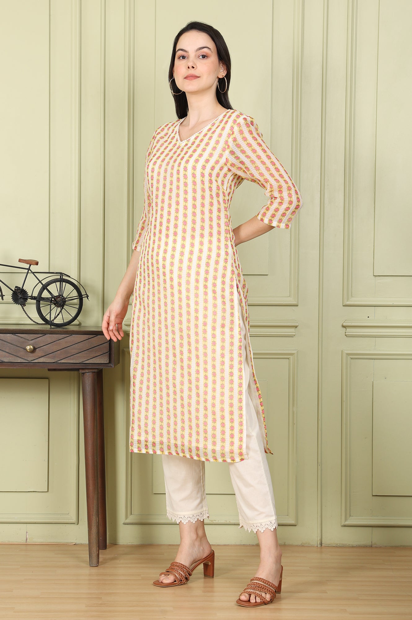 White Floral Printed Straight Kota Kurta, Pants And Dupatta Set