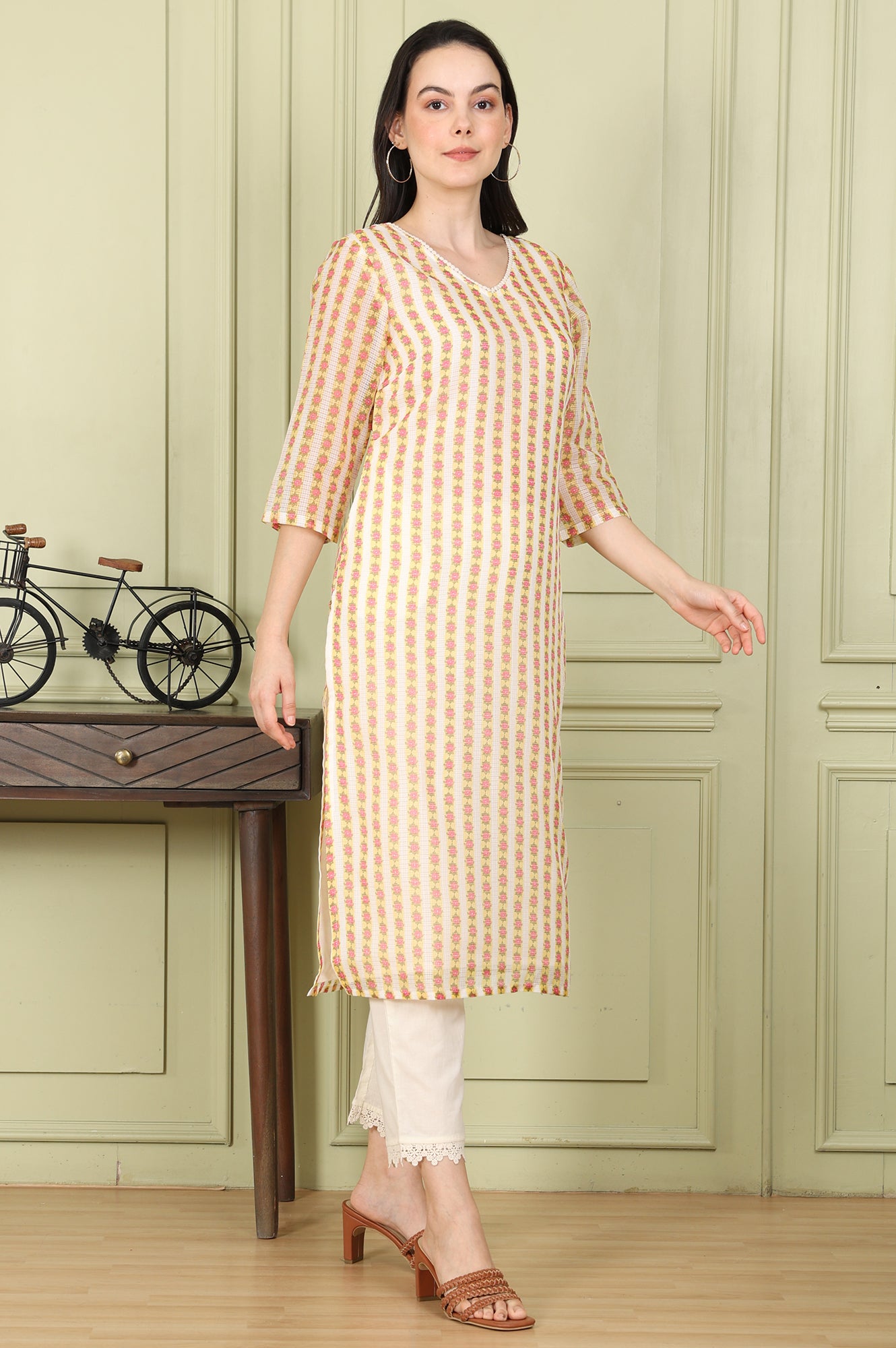 White Floral Printed Straight Kota Kurta, Pants And Dupatta Set