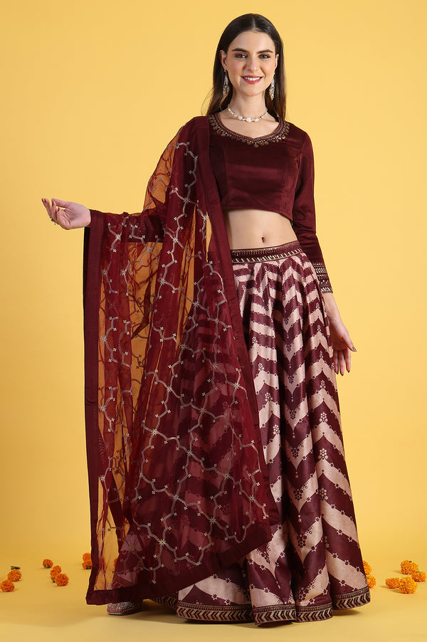 Maroon Solid Metallic Embroidery Flarred Top & Skirt with Dupatta Set