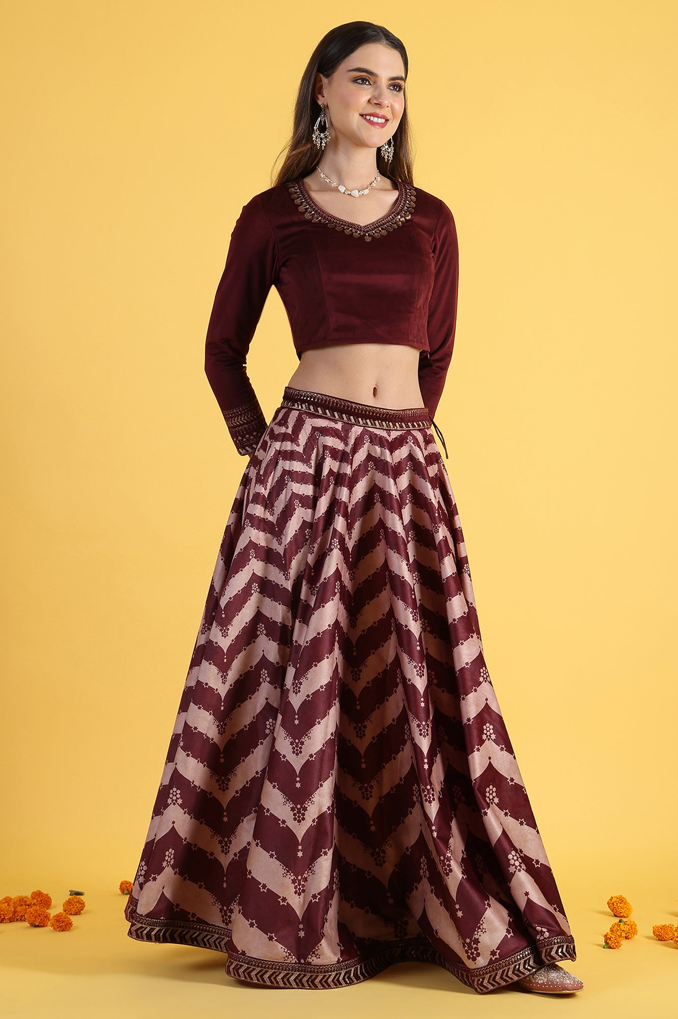 Buy Online Maroon Solid Metallic Embroidery Flarred Top Skirt