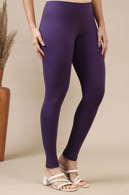 Purple Solid Skinny Fit Cotton Leggings With Slip On Closure