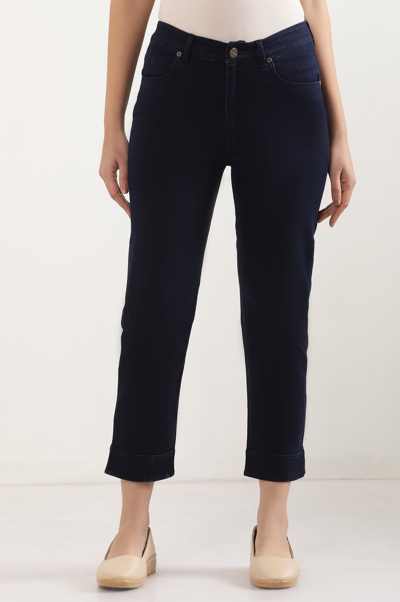 Blue Cropped Denim Straight Pants