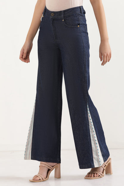 Blue Denim Flared Jeans with Printed Fabric Insert