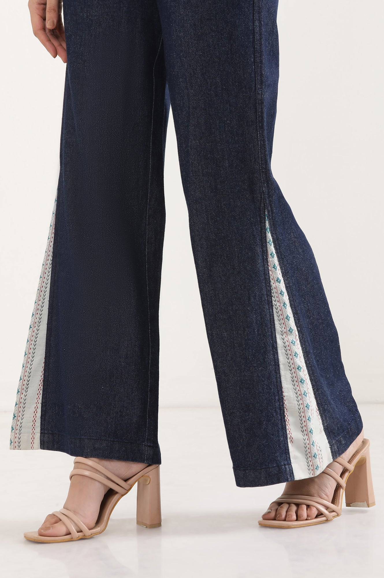 Blue Denim Flared Jeans with Printed Fabric Insert