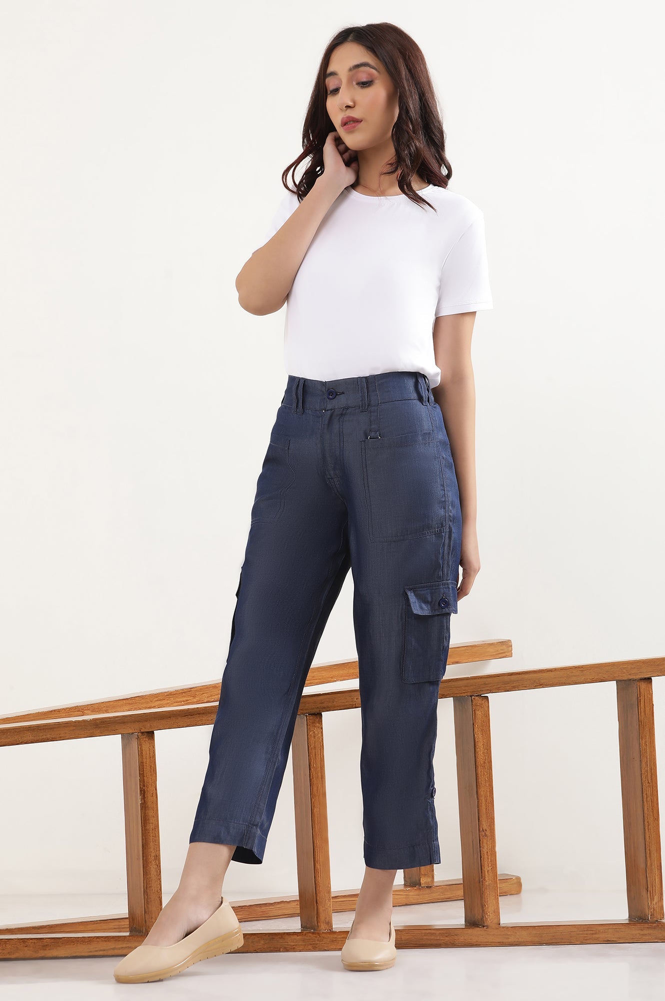 Blue Six Pockets Cropped Cargo Pants