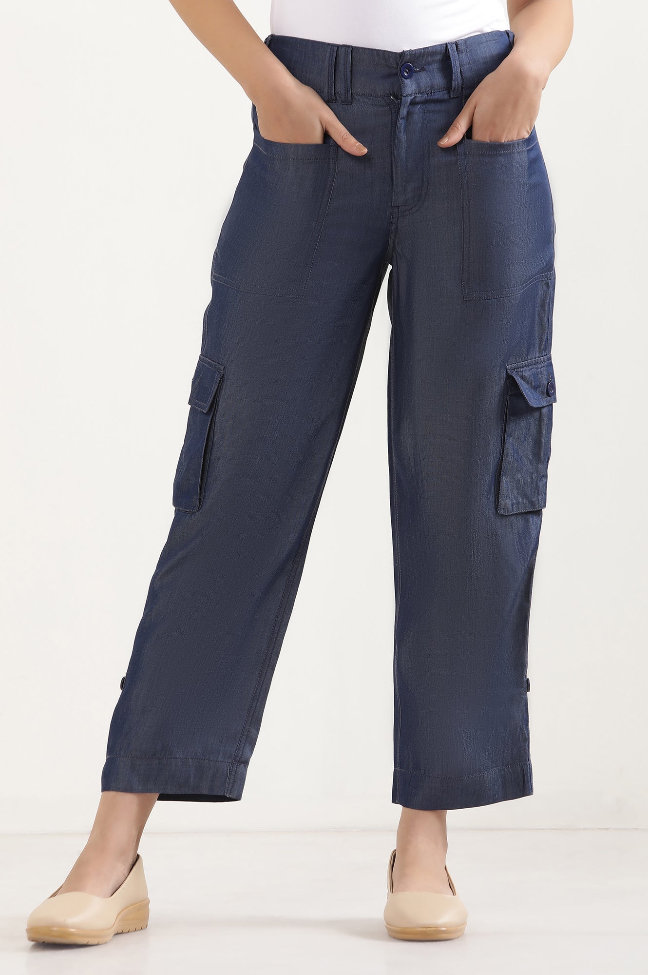 Blue Six Pockets Cropped Cargo Pants