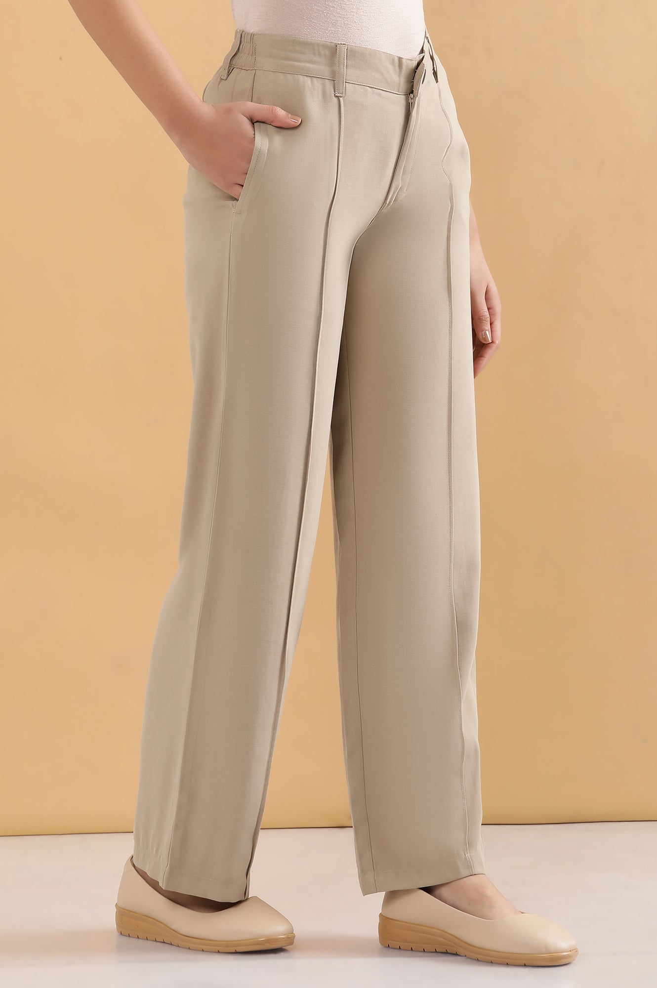 Beige Pintuck Parallel Pants