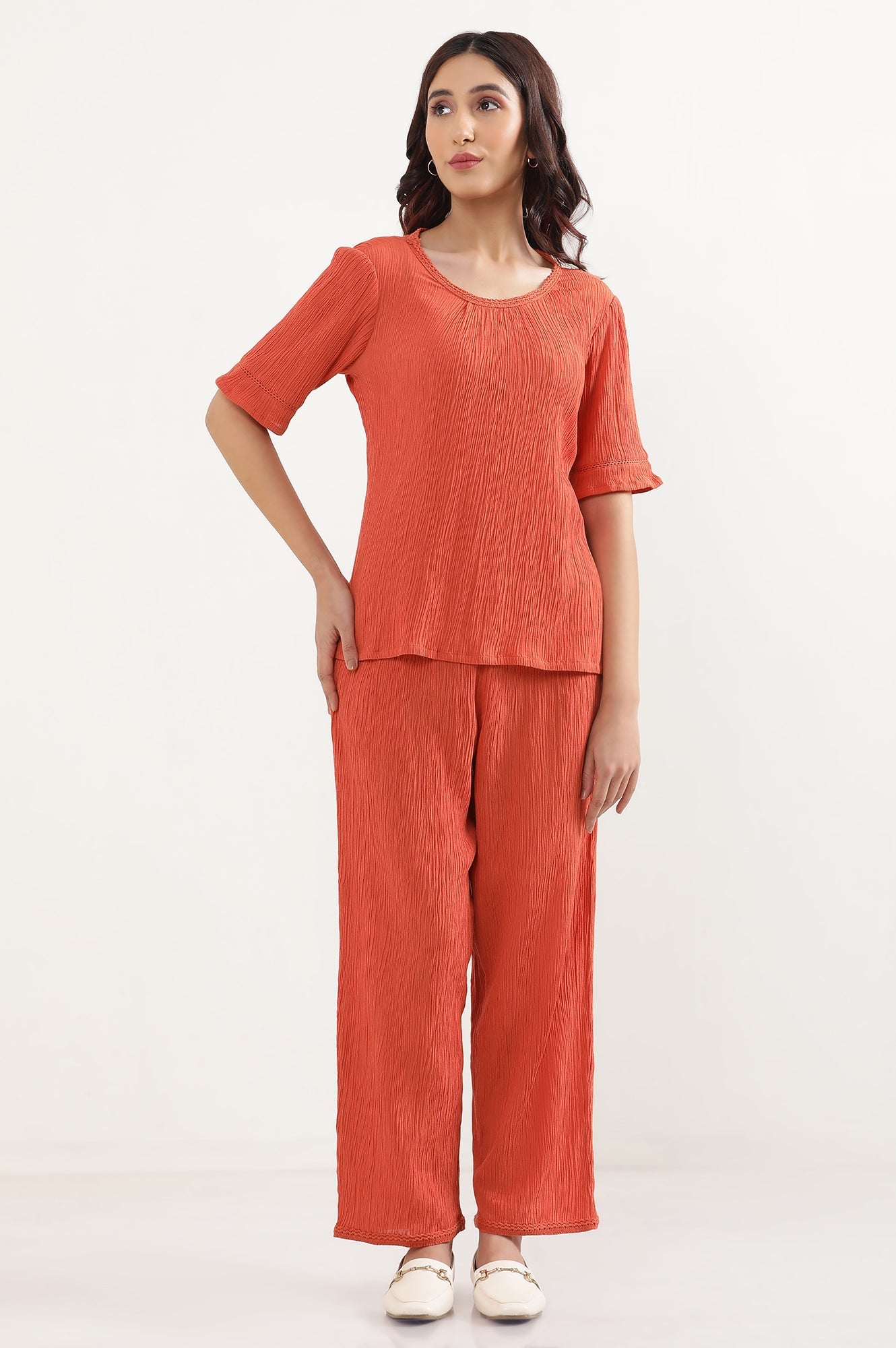 Rust Orange Lounge Wear Crinkle Top and Palazzo Set