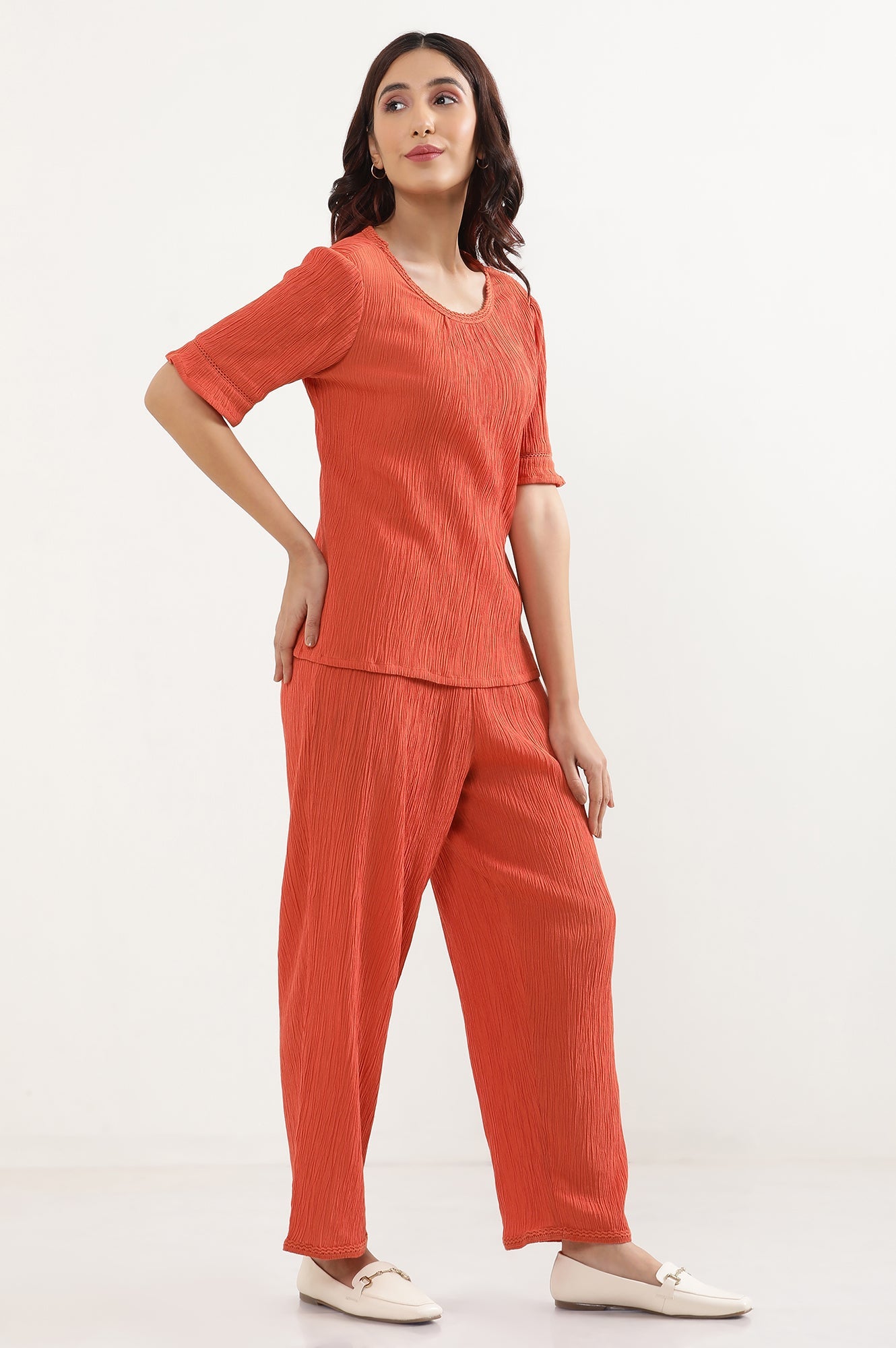 Rust Orange Lounge Wear Crinkle Top and Palazzo Set