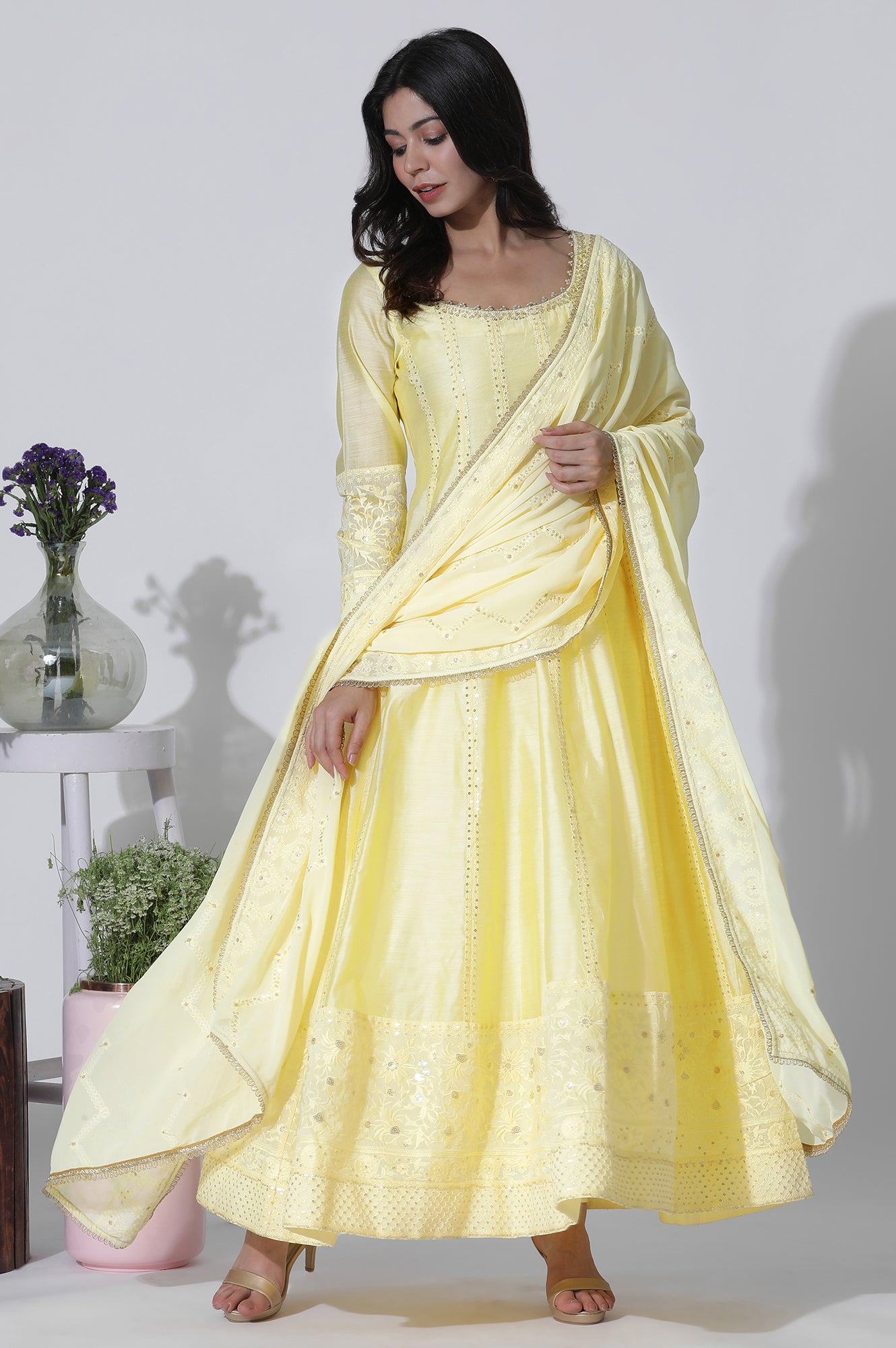 Yellow Chanderi Panelled Thread Work Anarkali Kurta, Churidar and Dupatta Set - wforwoman