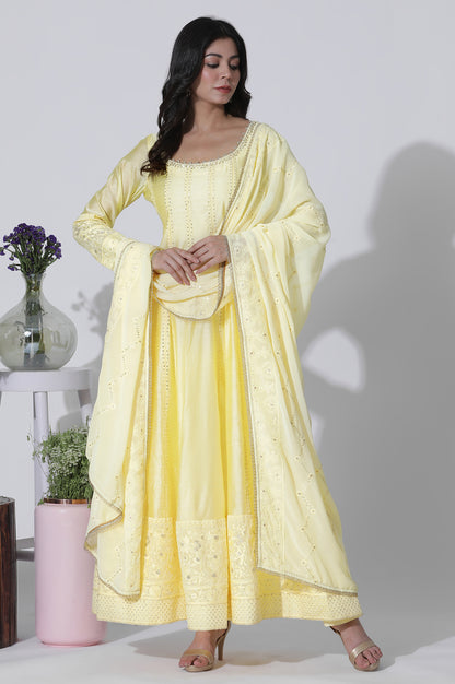 Yellow Chanderi Panelled Thread Work Anarkali Kurta, Churidar and Dupatta Set - wforwoman