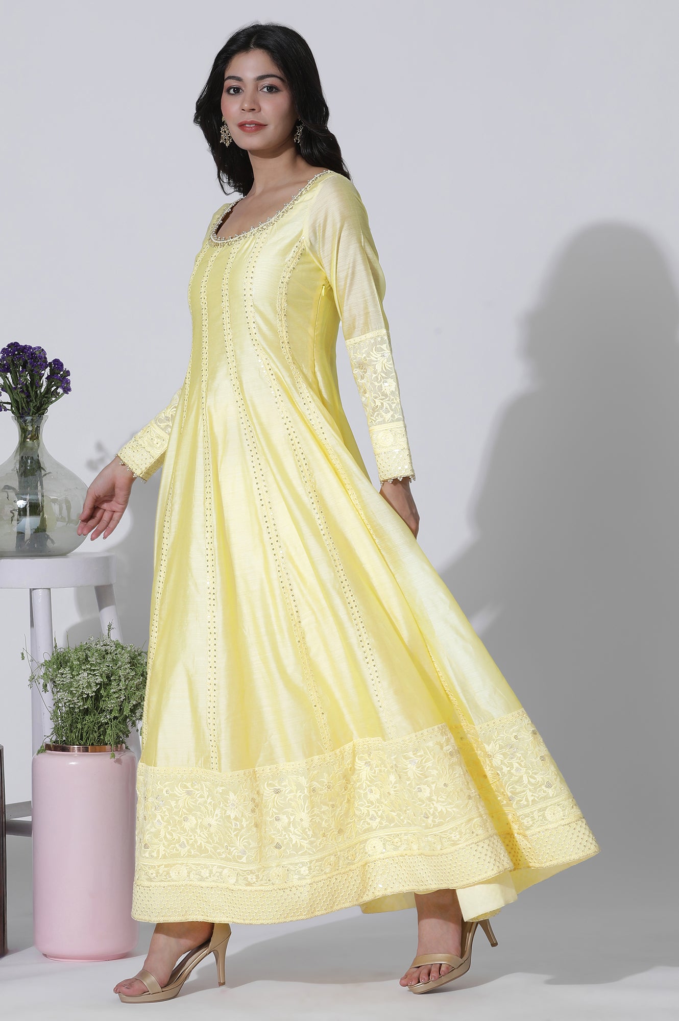 Yellow Chanderi Panelled Thread Work Anarkali Kurta, Churidar and Dupatta Set - wforwoman