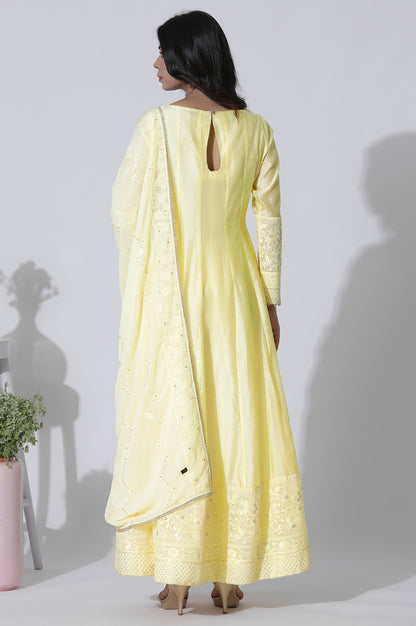 Yellow Chanderi Panelled Thread Work Anarkali Kurta, Churidar and Dupatta Set - wforwoman