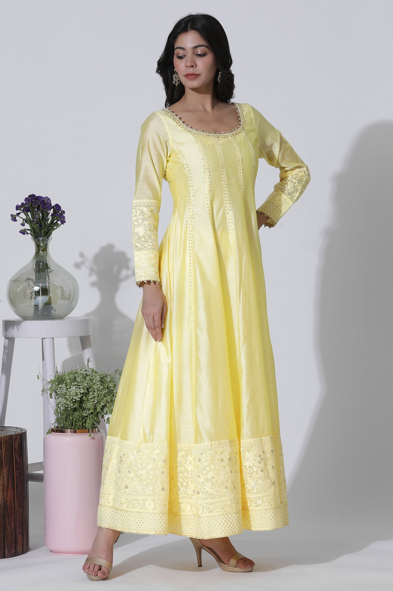 Yellow Chanderi Panelled Thread Work Anarkali Kurta, Churidar and Dupatta Set - wforwoman