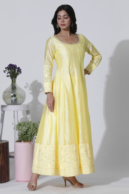 Yellow Chanderi Panelled Thread Work Anarkali Kurta, Churidar and Dupatta Set - wforwoman