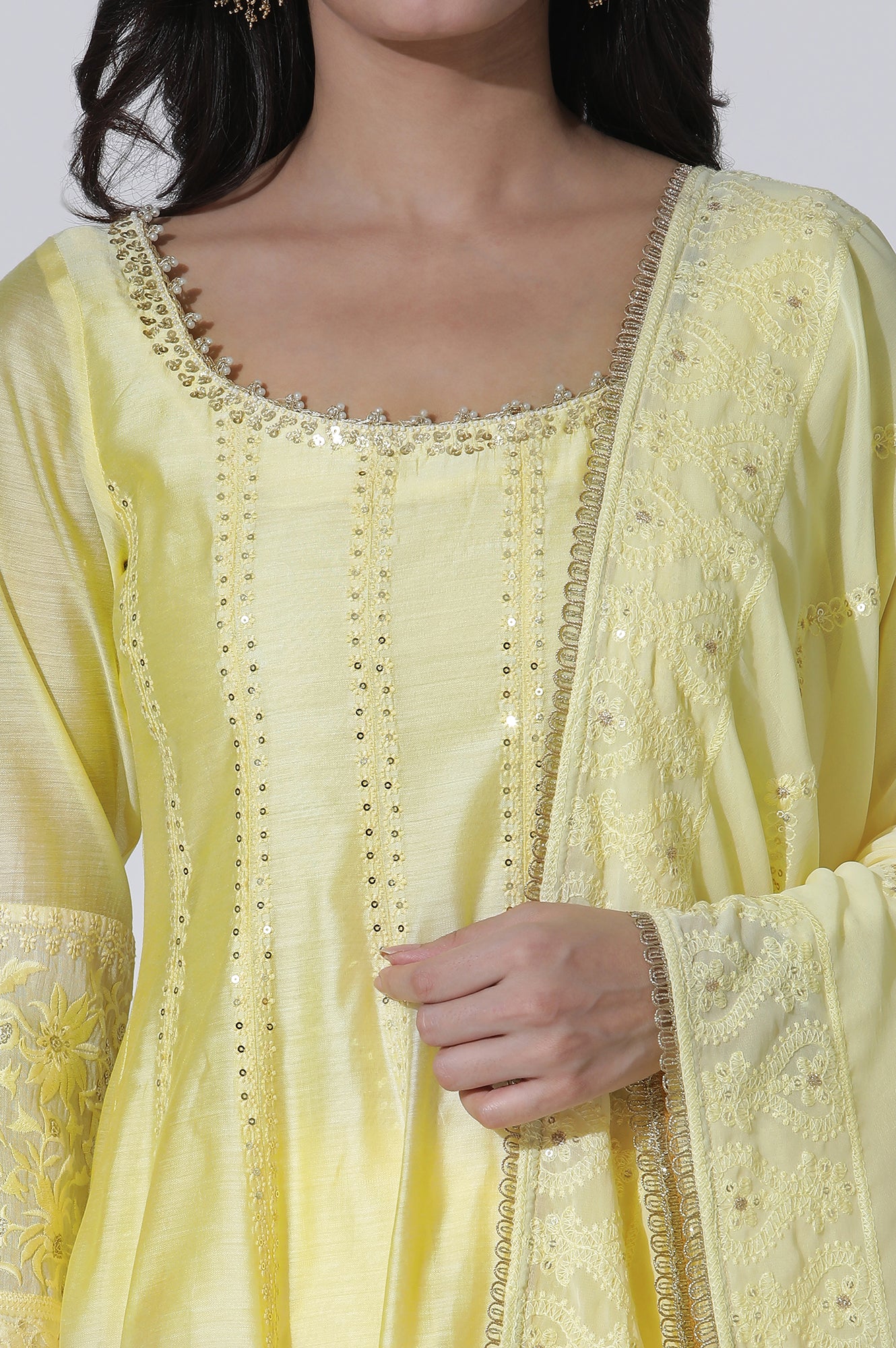 Yellow Chanderi Panelled Thread Work Anarkali Kurta, Churidar and Dupatta Set - wforwoman