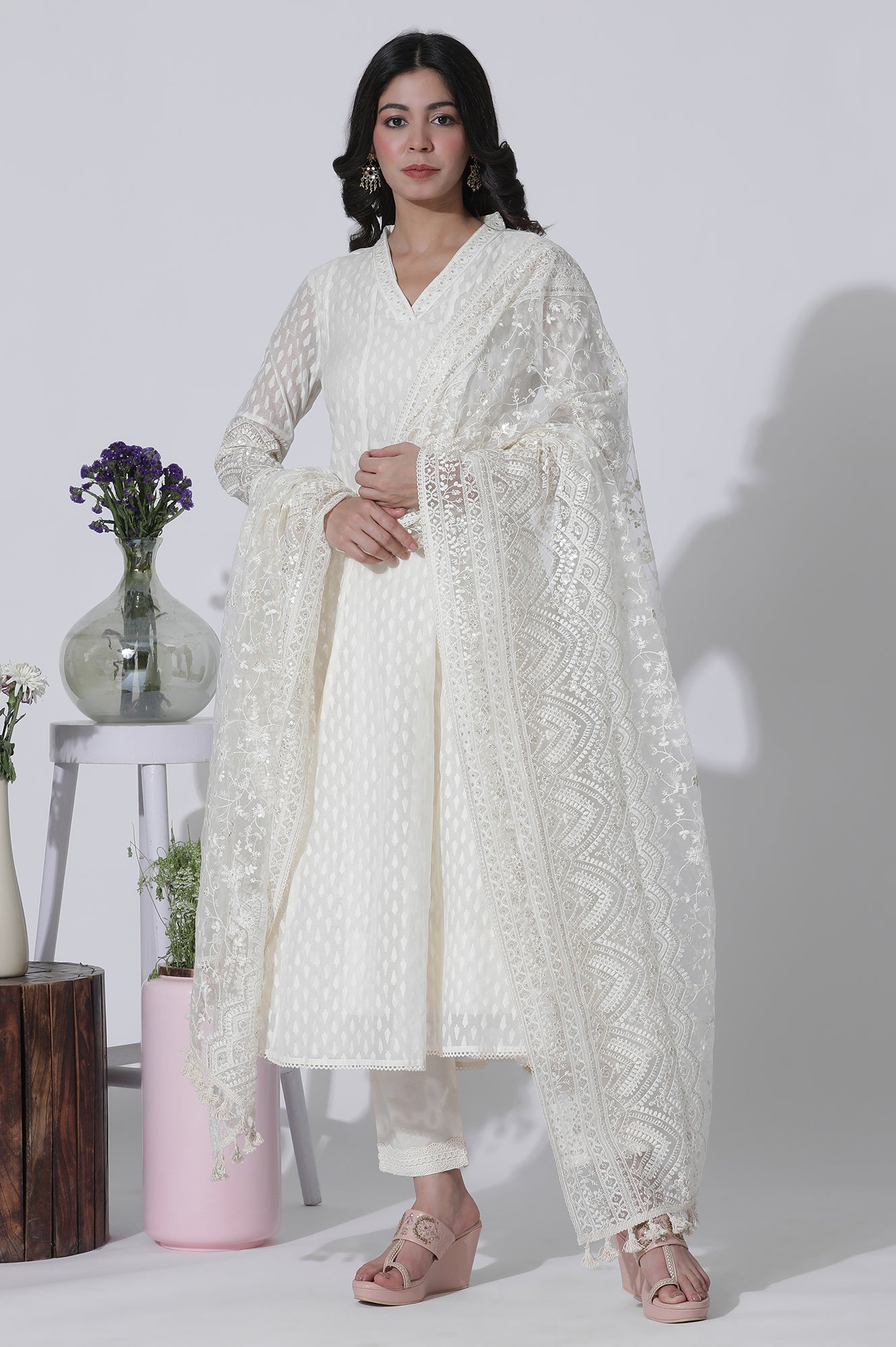 Off-White Anarkali Embroidered Kurta and Pants Set with Dupatta XS