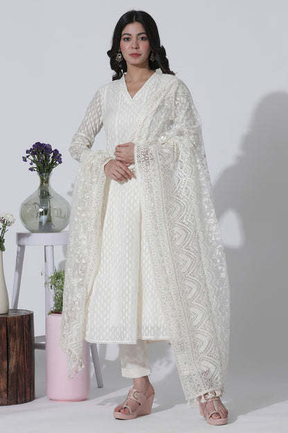 Off-White Cotton Blend Anarkali Embroidered Kurta, Straight Pants and Dupatta Set - wforwoman