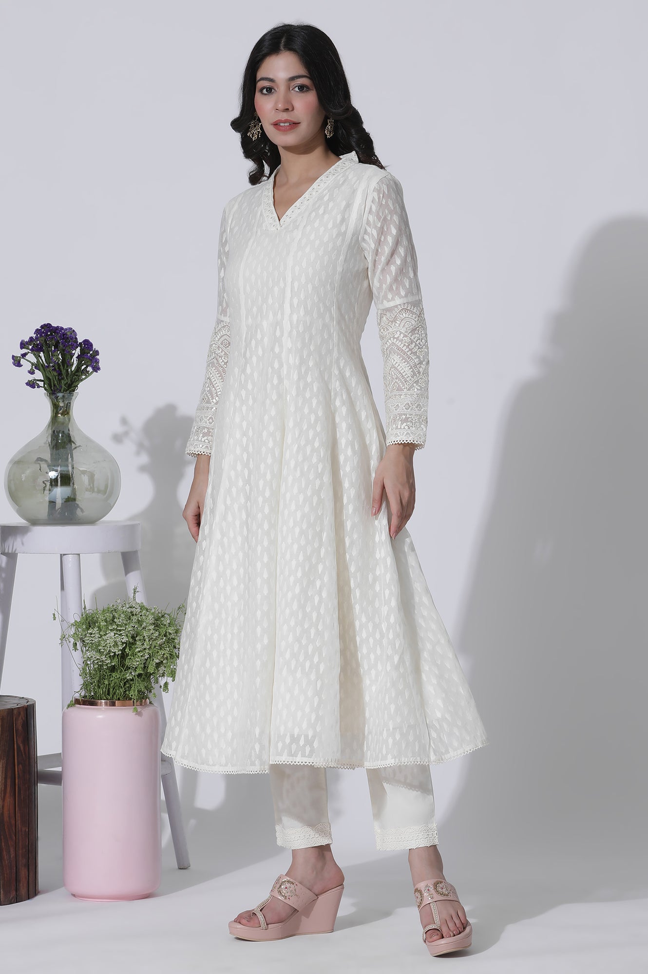 Off-White Cotton Blend Anarkali Embroidered Kurta, Straight Pants and Dupatta Set - wforwoman