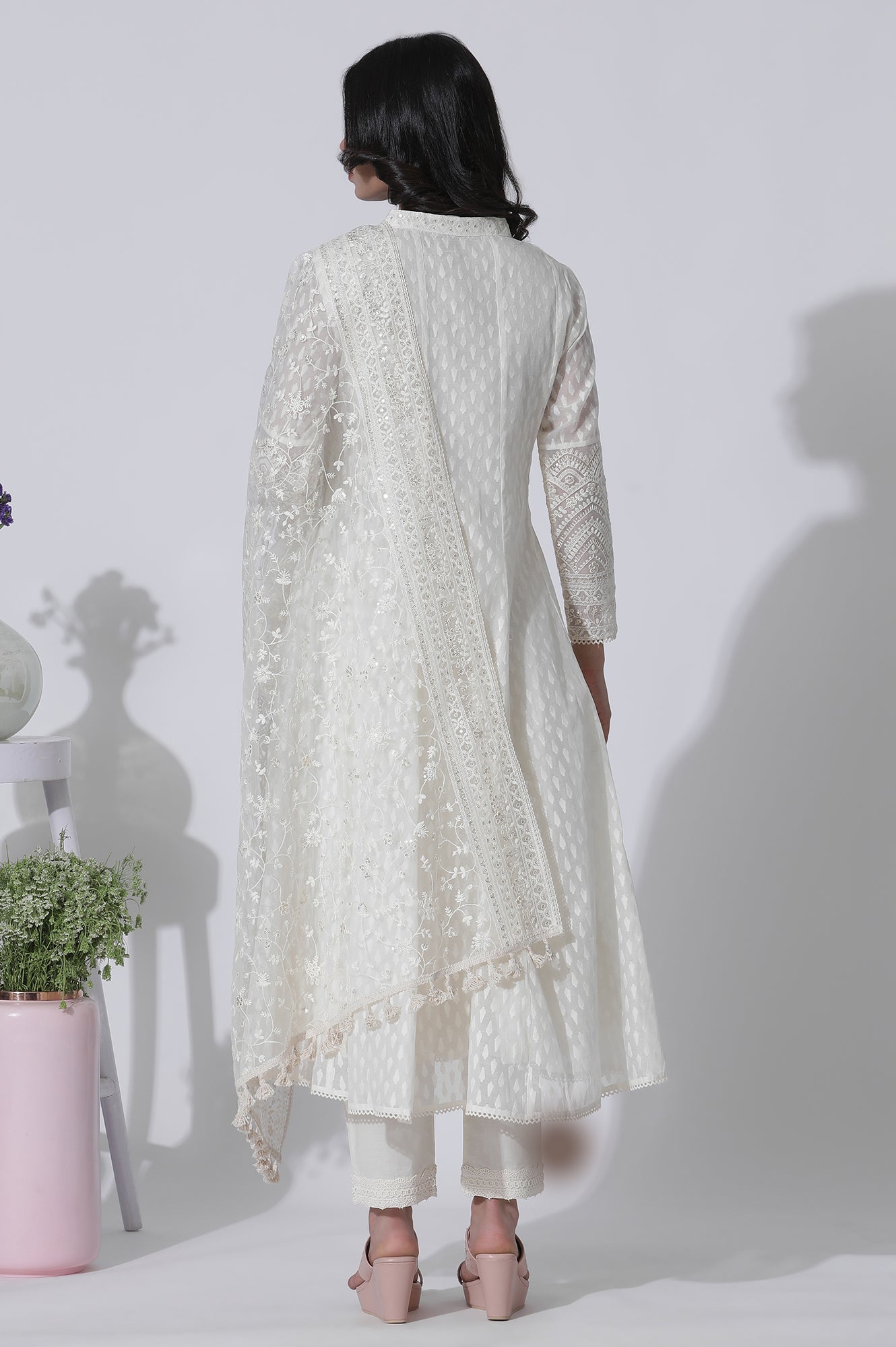 Off-White Cotton Blend Anarkali Embroidered Kurta, Straight Pants and Dupatta Set - wforwoman