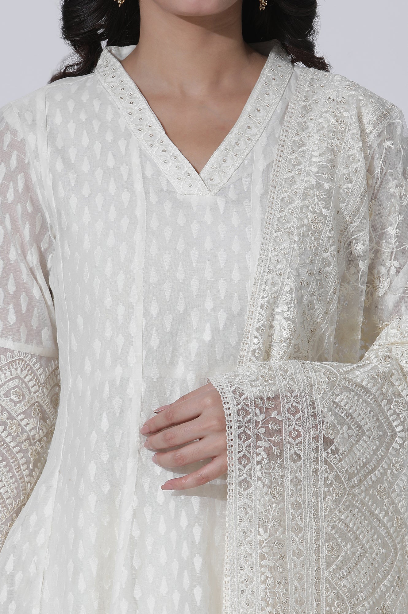 Off-White Cotton Blend Anarkali Embroidered Kurta, Straight Pants and Dupatta Set - wforwoman