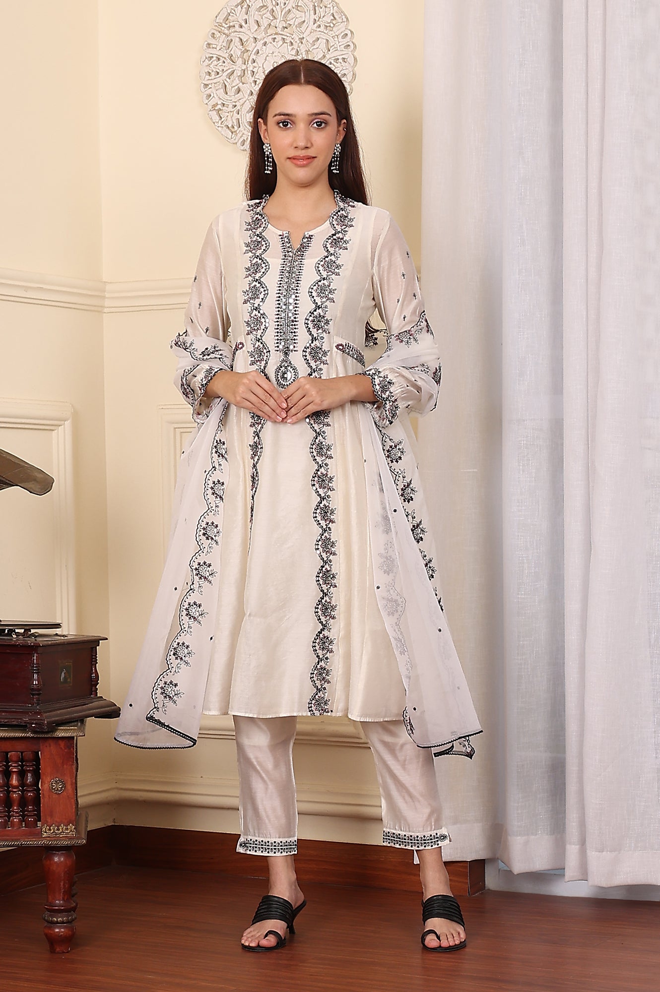 White Chanderi Mock Panelled Embroidered Flared Kurta, Straight Pants And Dupatta Set - wforwoman