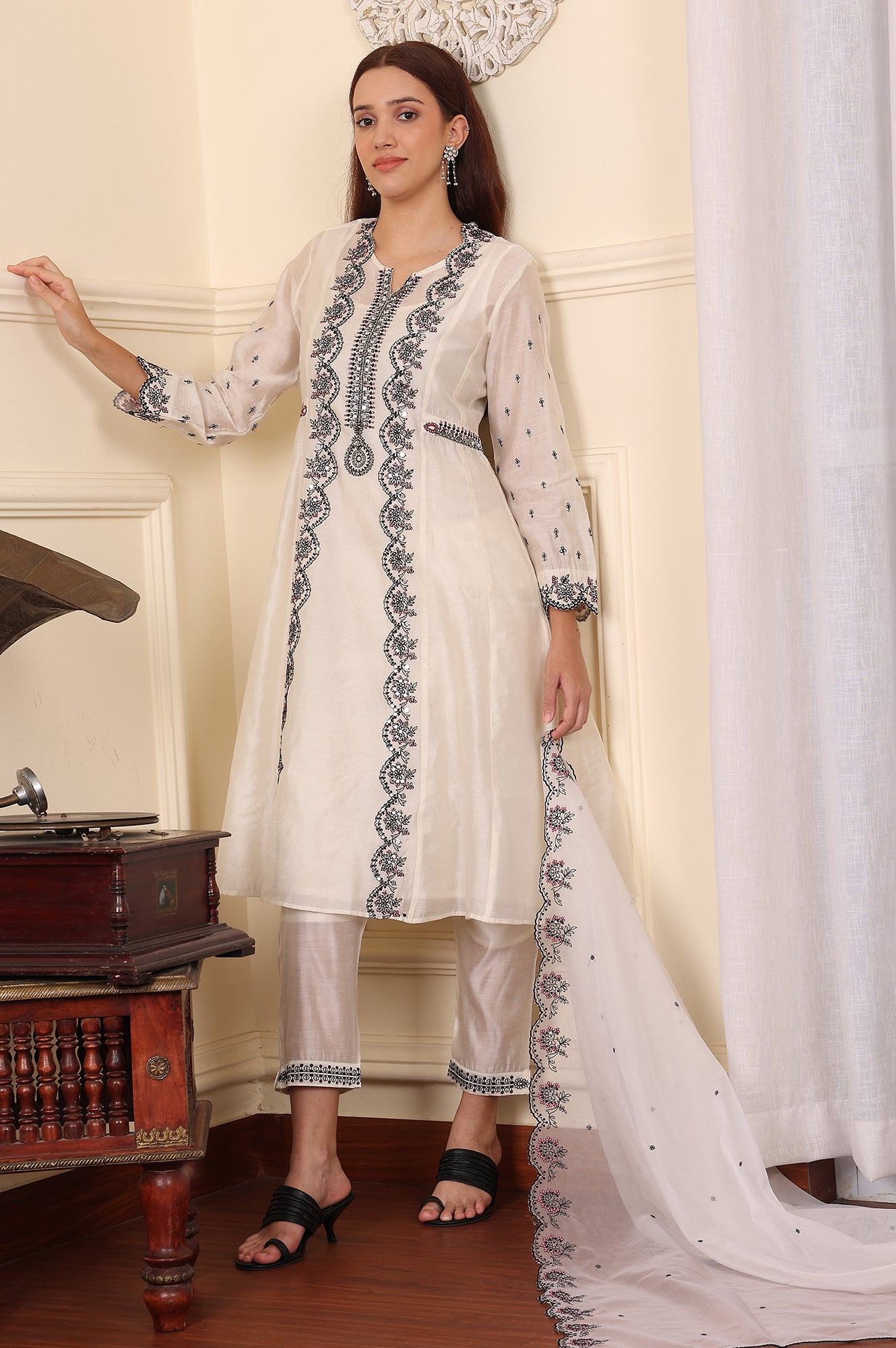 White Chanderi Mock Panelled Embroidered Flared Kurta, Straight Pants And Dupatta Set - wforwoman