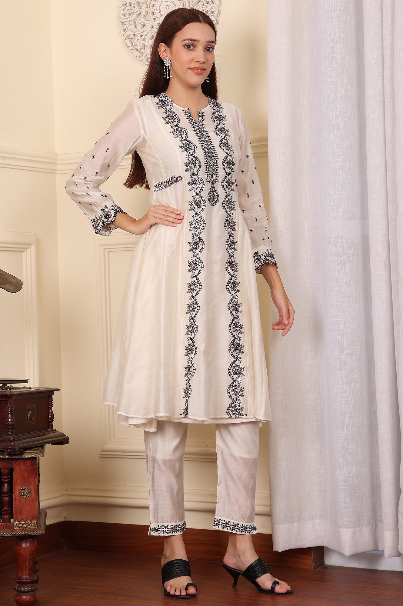 White Chanderi Mock Panelled Embroidered Flared Kurta, Straight Pants And Dupatta Set - wforwoman