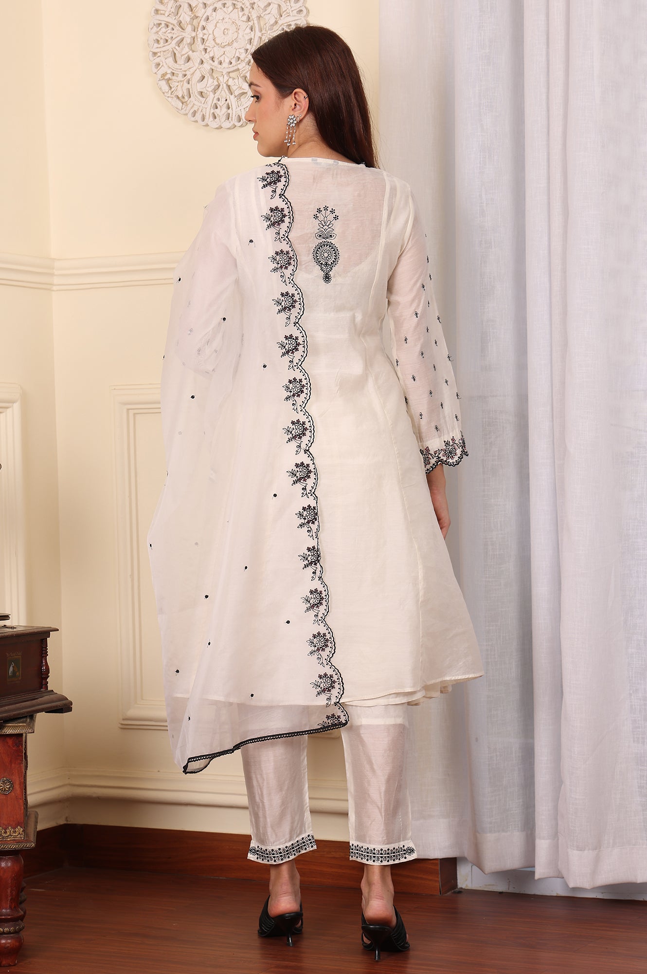 White Chanderi Mock Panelled Embroidered Flared Kurta, Straight Pants And Dupatta Set - wforwoman