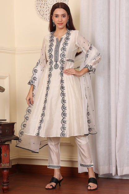 White Chanderi Mock Panelled Embroidered Flared Kurta, Straight Pants And Dupatta Set - wforwoman