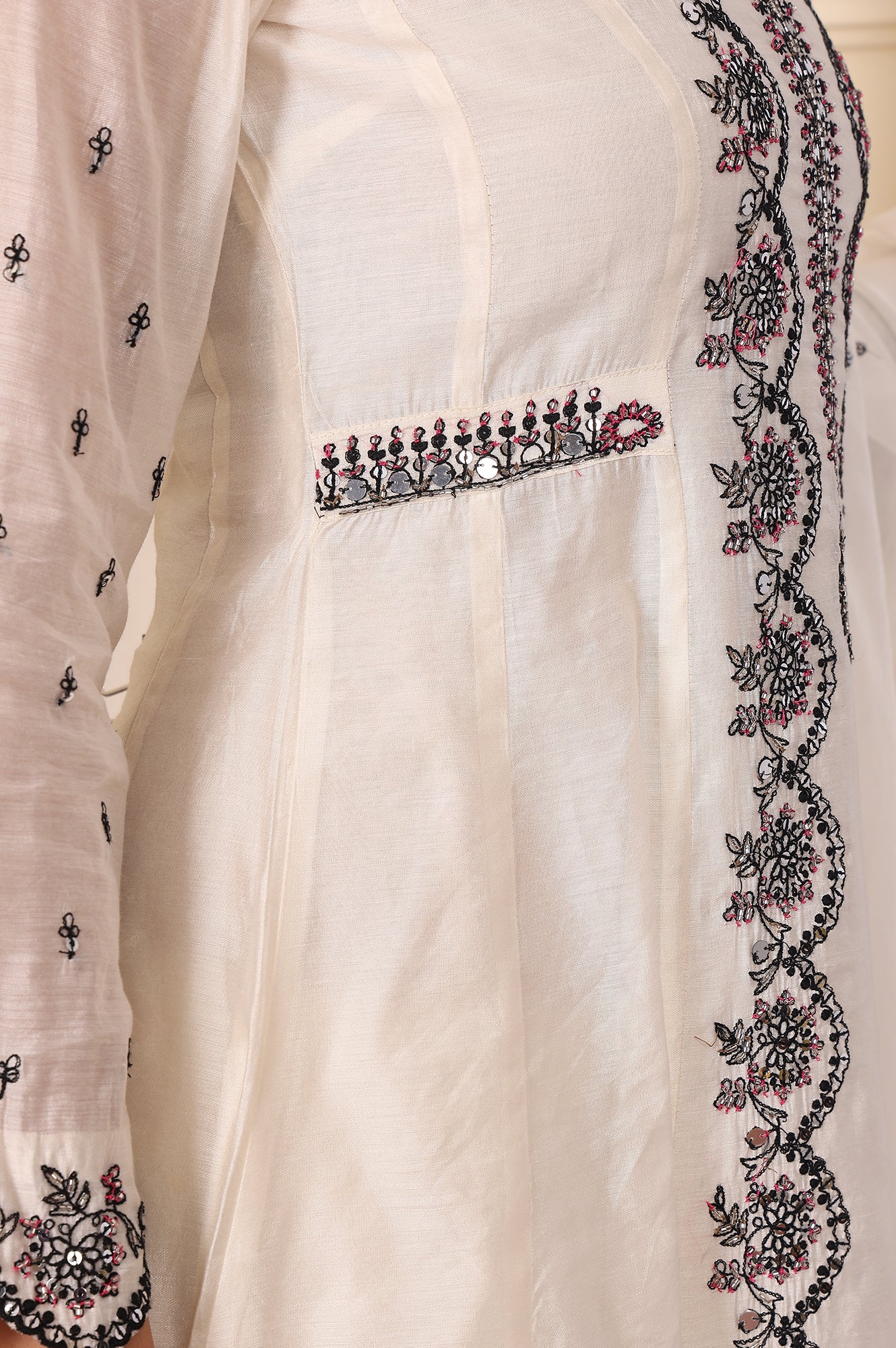 White Chanderi Mock Panelled Embroidered Flared Kurta, Straight Pants And Dupatta Set