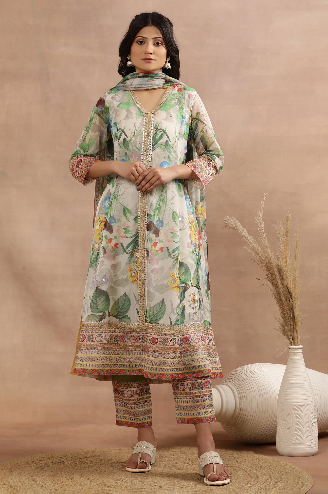 Off-White Flared Kurta In Multi-Coloured Floral Print, Pants And Dupatta Set