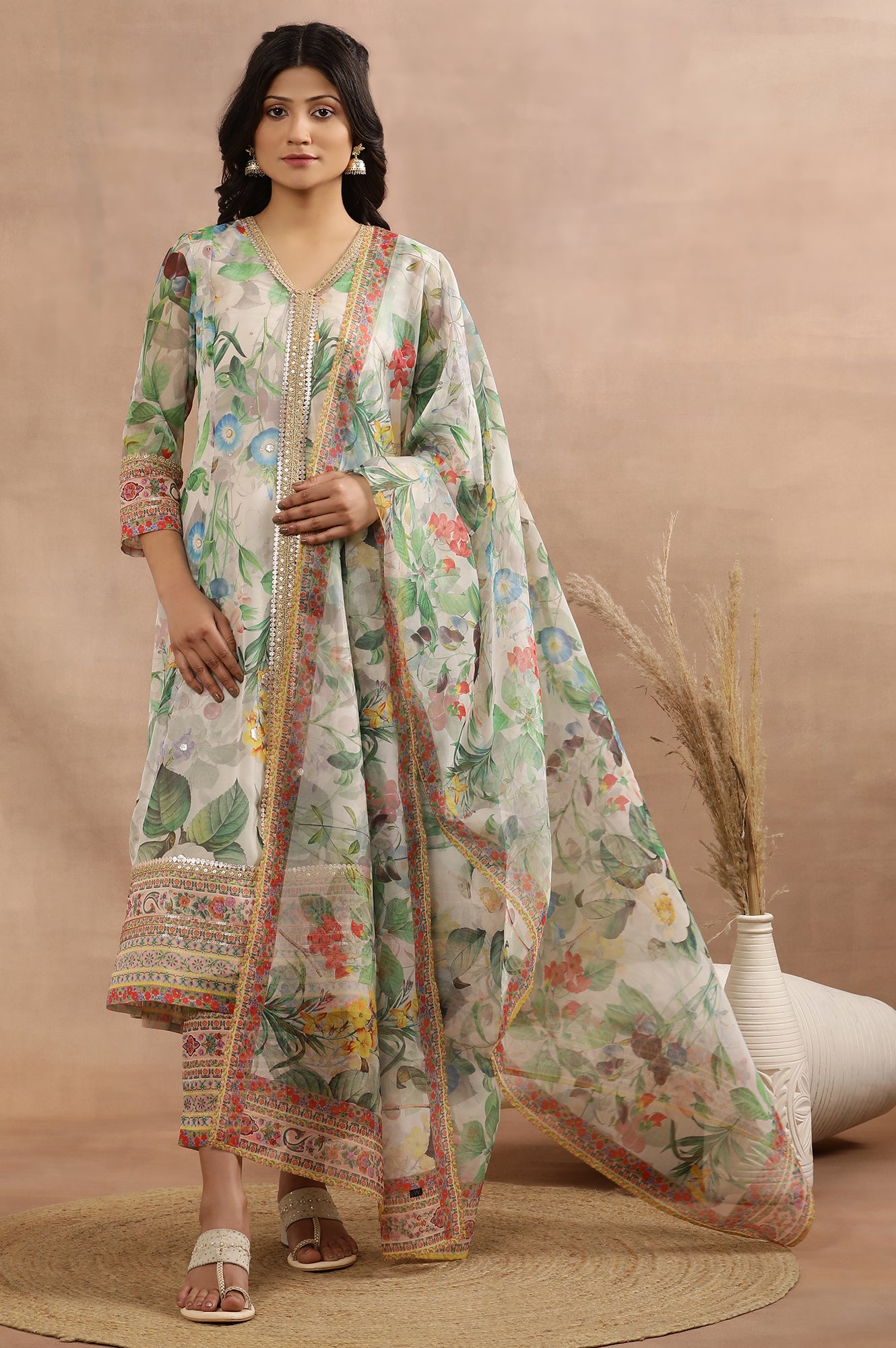 Off-White Flared Kurta In Multi-Coloured Floral Print, Pants And Dupatta Set