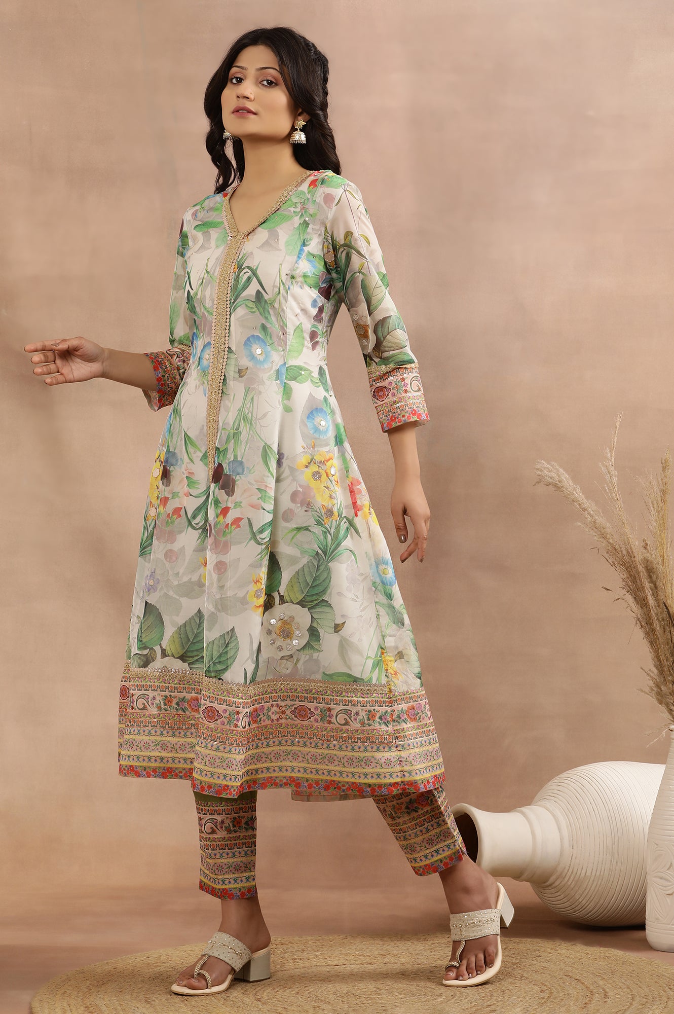 Off-White Flared Kurta In Multi-Coloured Floral Print, Pants And Dupatta Set