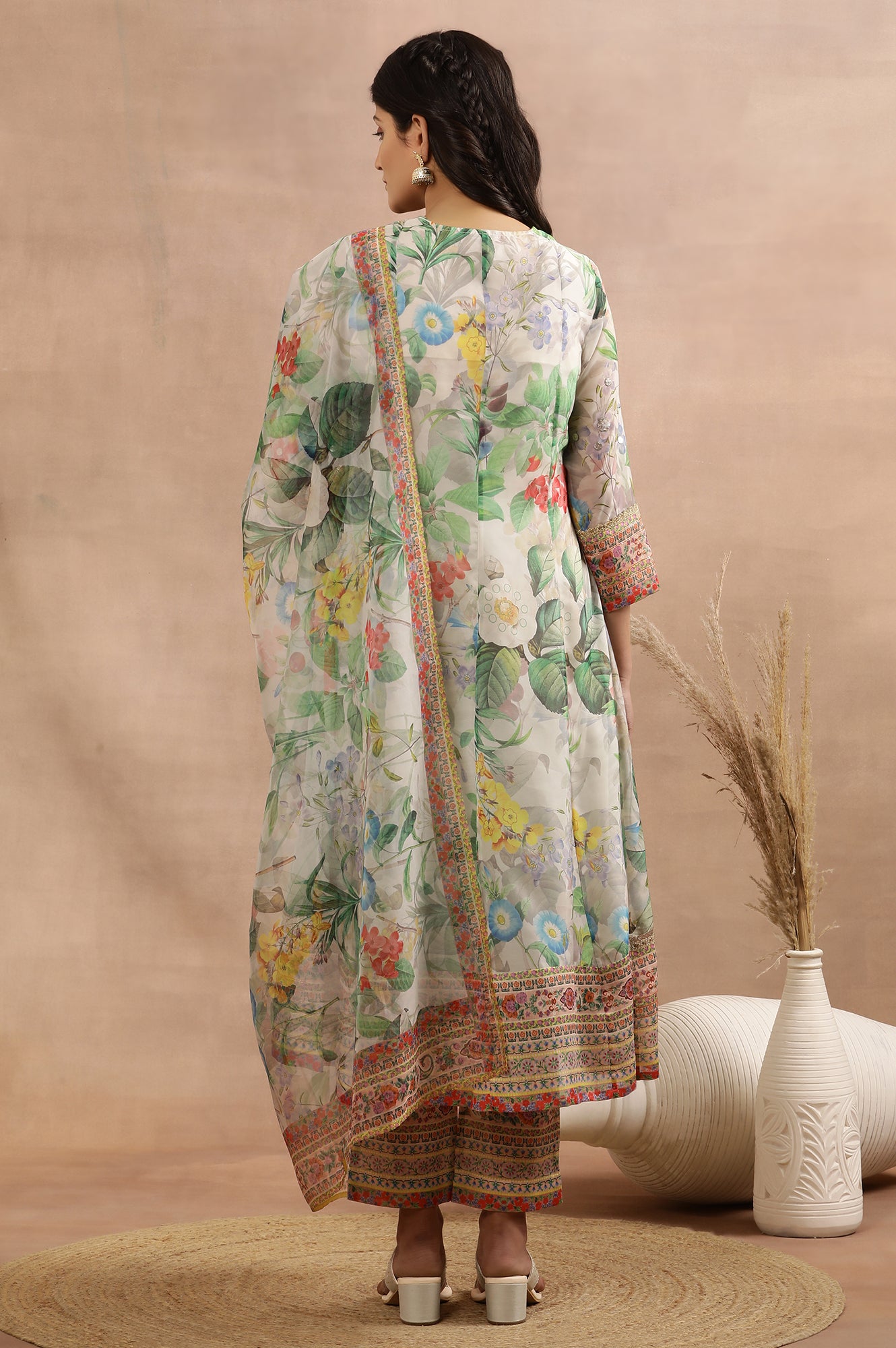 Off-White Flared Kurta In Multi-Coloured Floral Print, Pants And Dupatta Set