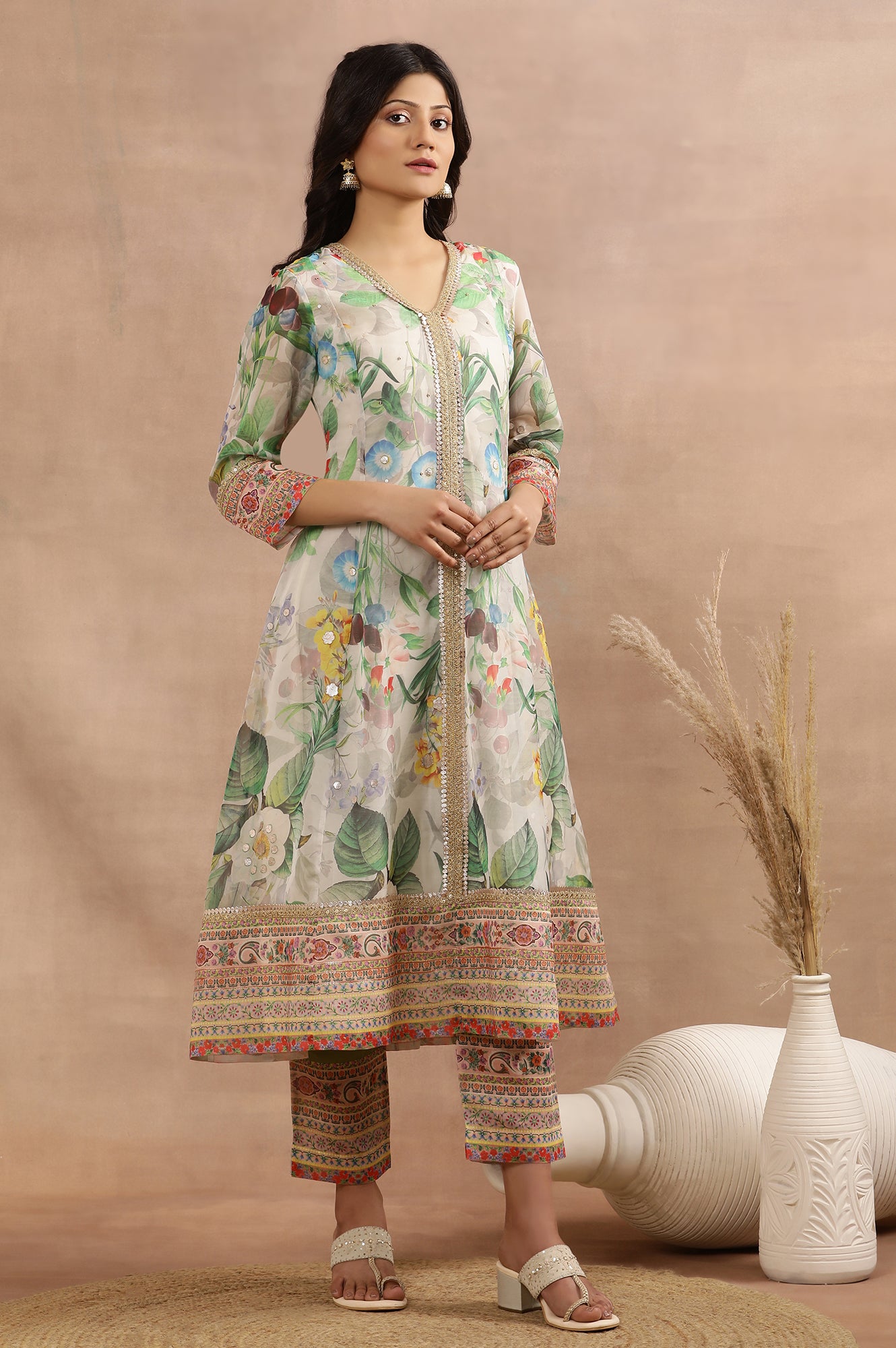 Off-White Flared Kurta In Multi-Coloured Floral Print, Pants And Dupatta Set