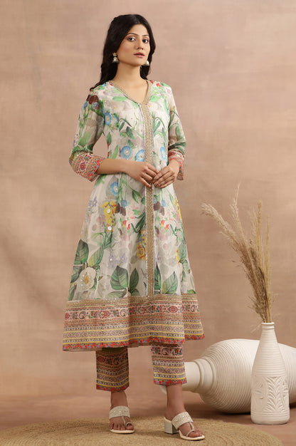 Off-White Flared Kurta In Multi-Coloured Floral Print, Pants And Dupatta Set