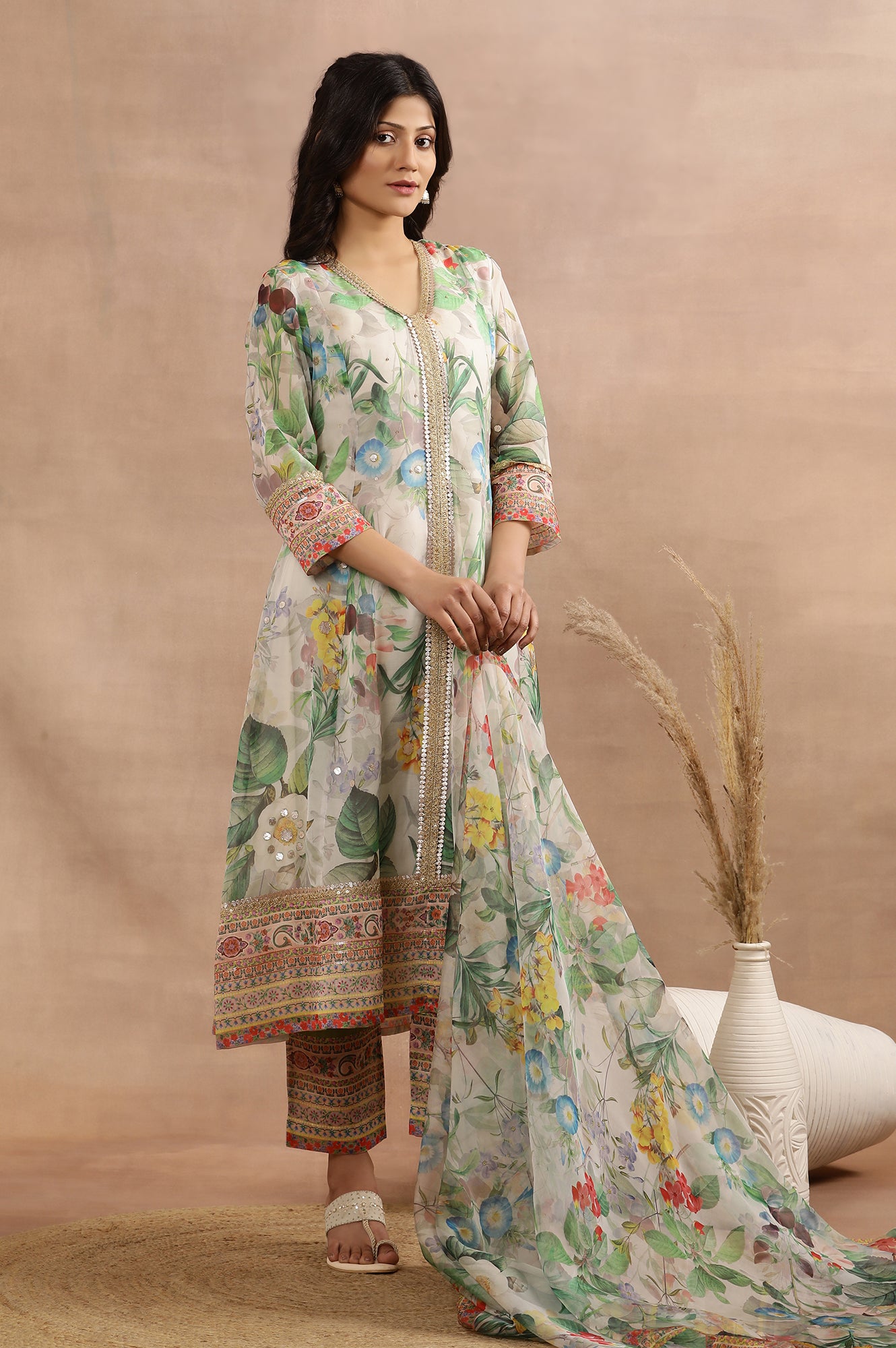 Off-White Flared Kurta In Multi-Coloured Floral Print, Pants And Dupatta Set