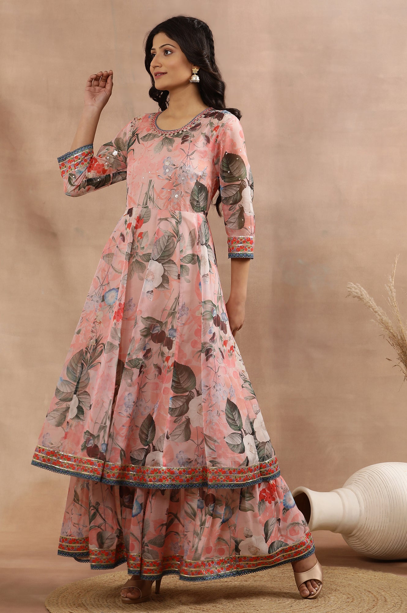 Peach Floral Printed Mock Layered Dress And Dupatta Set