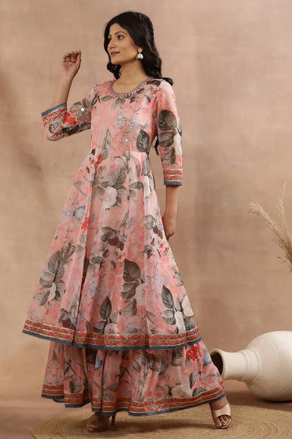 Peach Floral Printed Mock Layered Dress And Dupatta Set