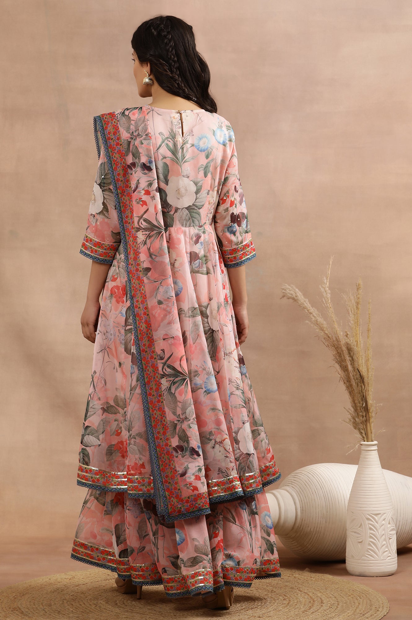 Peach Floral Printed Mock Layered Dress And Dupatta Set