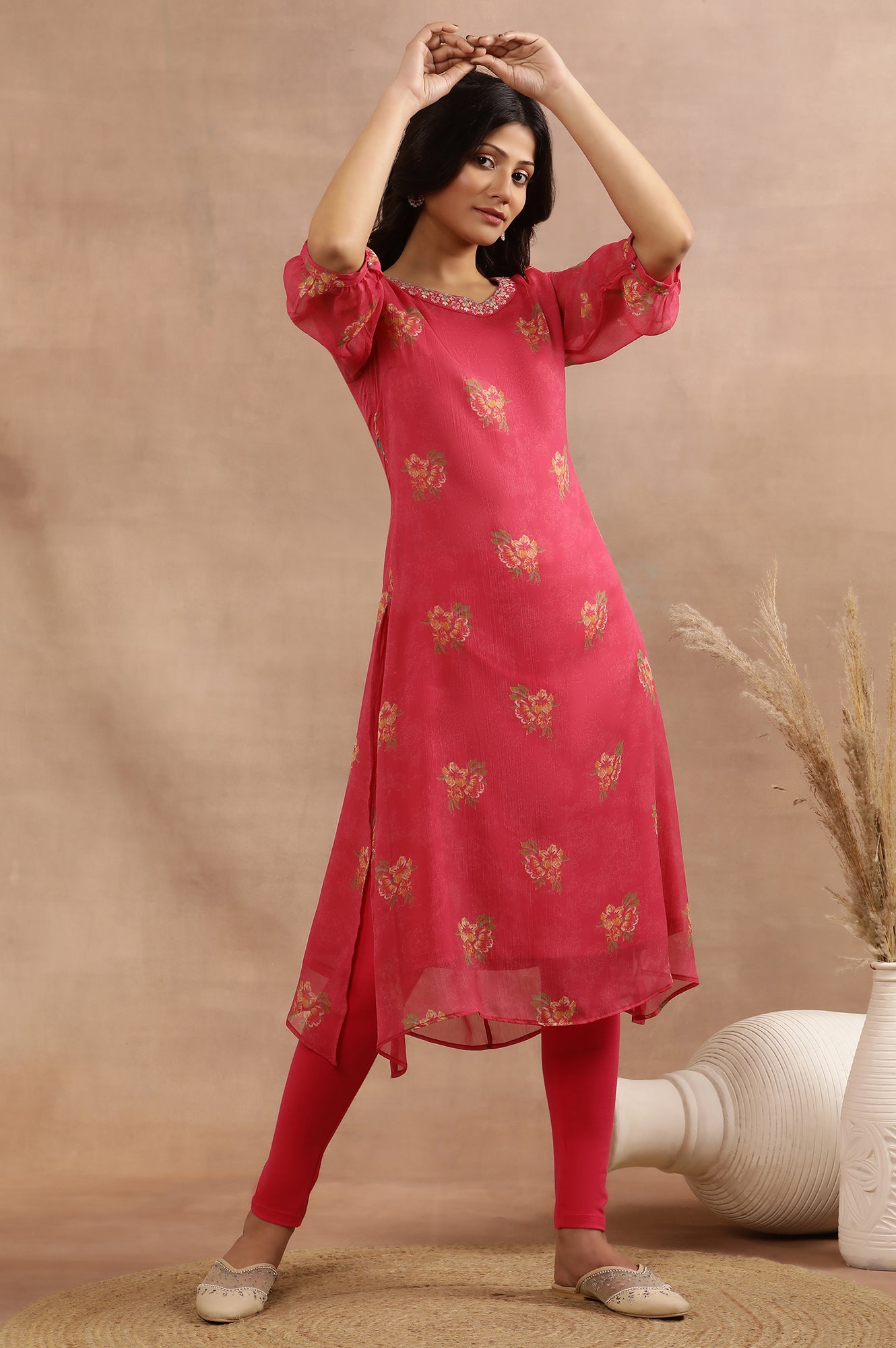 Pink Floral Printed A-Line Kurta With Embroidered Neck