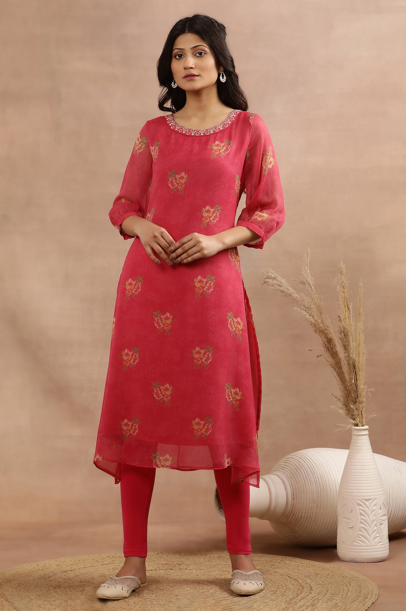 Pink Floral Printed A-Line Kurta With Embroidered Neck